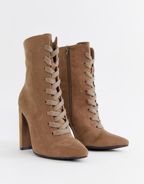 Asos Design Elicia Lace Up Heeled Boots - Beige