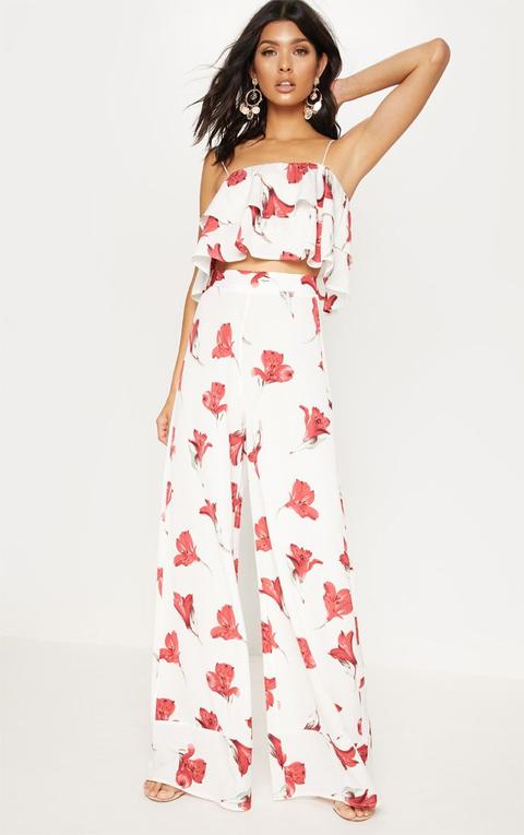 White Floral Printed Wide Leg Trouser