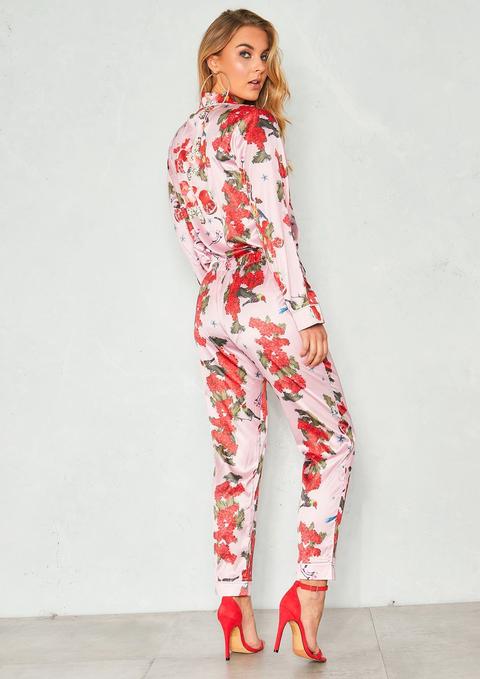 Lucy Pink Satin Floral Pyjama Style Trousers