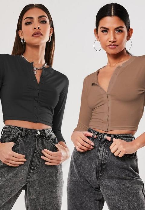 Beige And Black Button Front Crop Tops 2 Pack, Multi