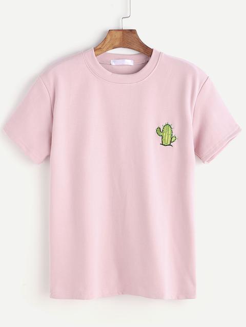 Pink Cactus Embroidered Mock Neck T-shirt