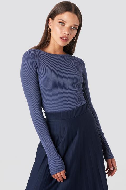 Ribbed Knitted Round Neck Sweater Blau