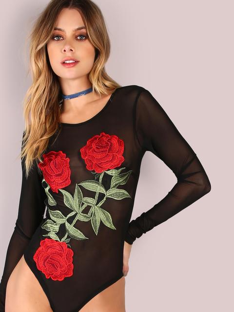 Body Ricamato Rosa A Rete Maniche Lunghe Nero