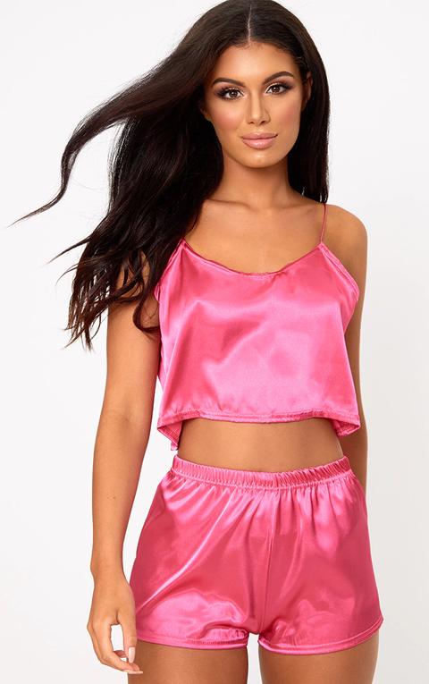 Hot Pink Satin Pyjama Shorts Set, Hot Pink