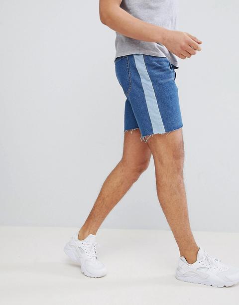 Shorts Vaqueros Slim Con Raya Lateral En Azul Descolorido De Boohooman