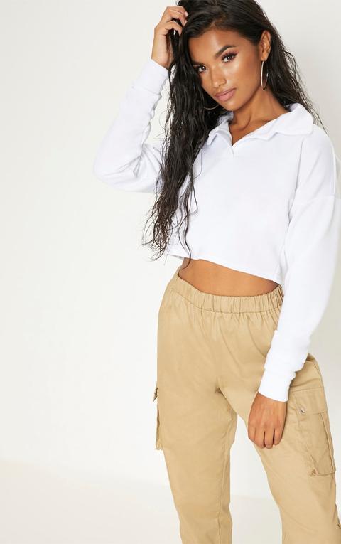 White Collar Polo Long Sleeve Crop Top