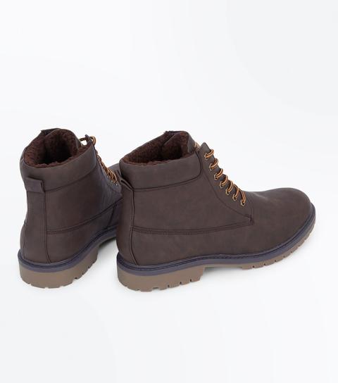 Dark Brown Faux Shearling Lined Worker Boots