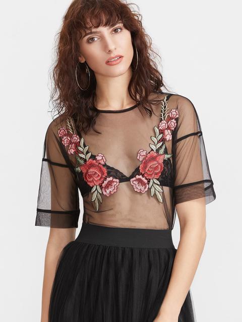 Black Embroidered Rose Applique Sheer Mesh Top