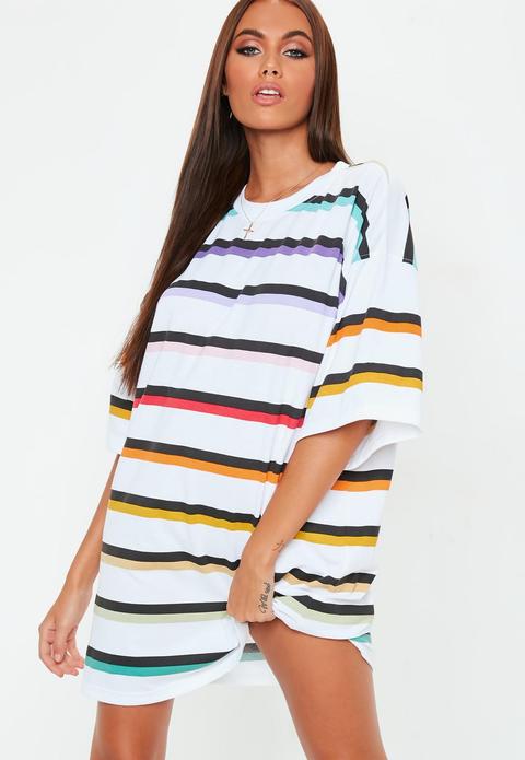 White Oversized Rainbow Stripe T Shirt Dress, White