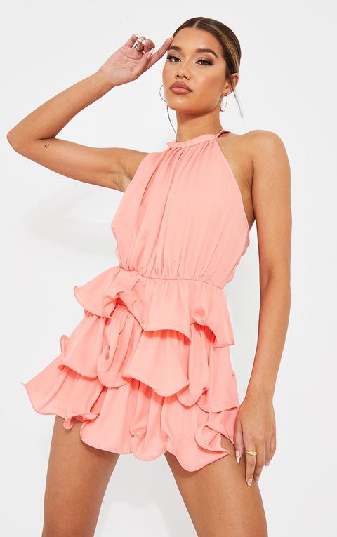 Peach Tiered Frill Short Halterneck Playsuit