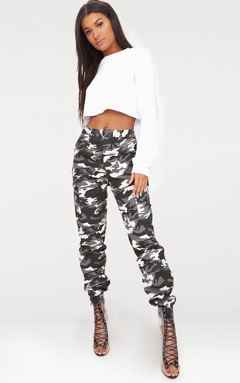 Grey Camo Print Cargo Trousers, Grey Camo