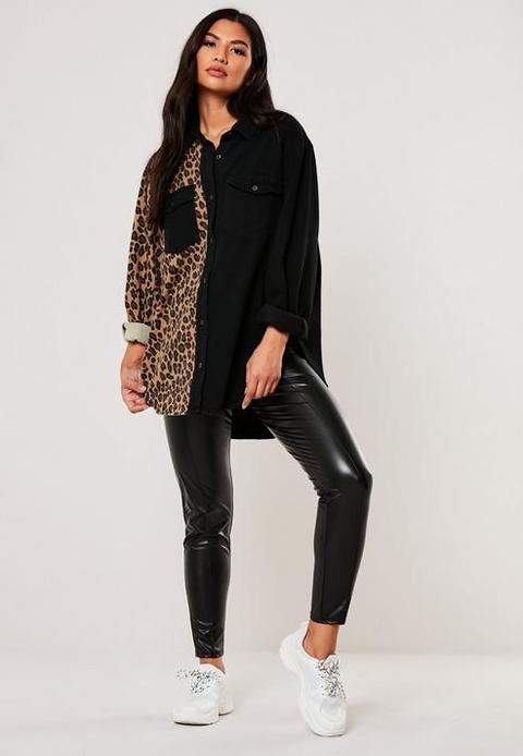 Black super oversized leopard print panel shirt Clearance