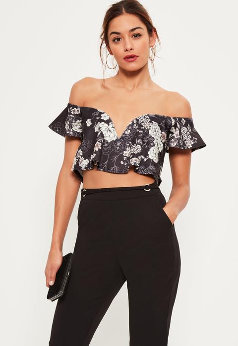 Black Floral Print Bardot Bralet