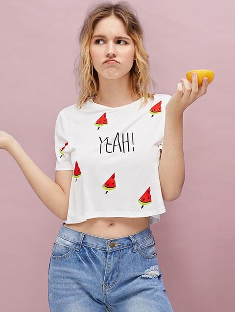 1plus1 Girls Watermelon And Letter Print Crop Tee