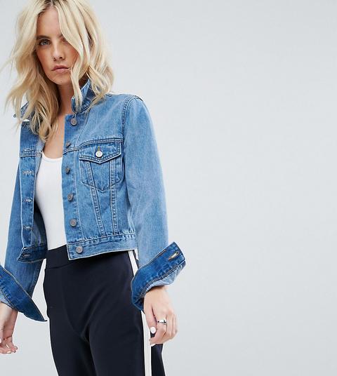 Asos Design Petite - Giacca Di Jeans Ristretta Blu Medio Délavé - Blu