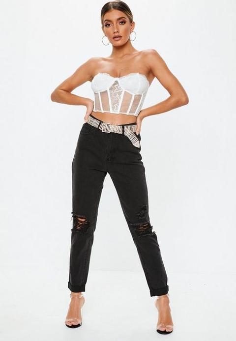 High Rise Busted Knee Mom Jeans Black, Black