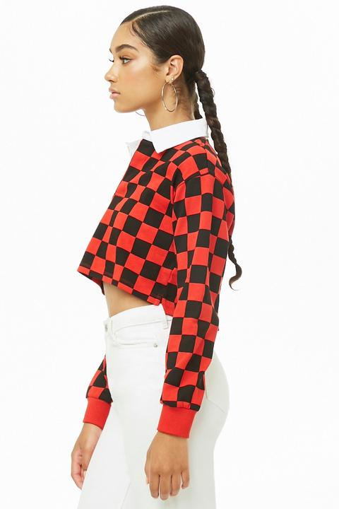 Forever 21 Checkered Long Sleeve Polo Shirt Red black from