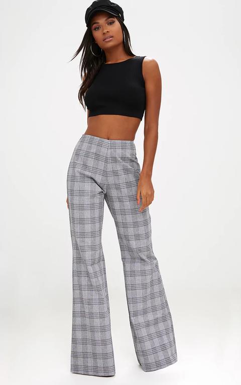 Grey Check Tailored Wide Leg Trousers, Grey