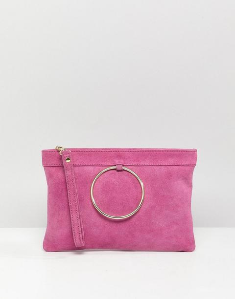 Asos Design - Pochette Scamosciata Con Zip Superiore E Anello - Rosa