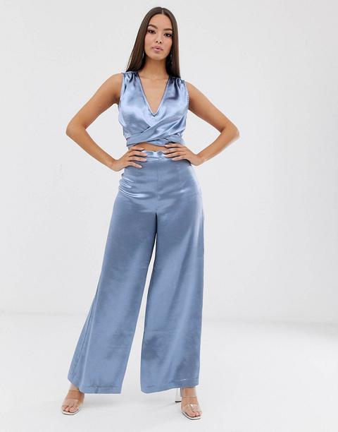 The Girlcode Satin Wide Leg Trouser In Blue