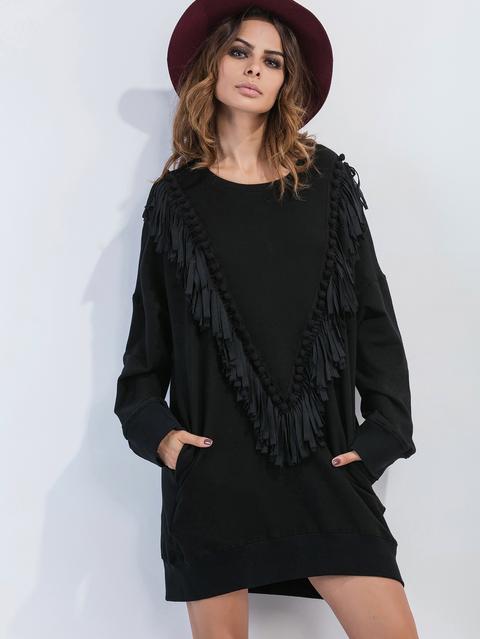 Vestido Sudadera Con Hombro Caído Con Flecos Y Pompones - Negro