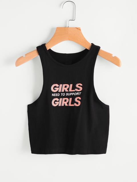 Slogan Print Low Side Crop Tank Top