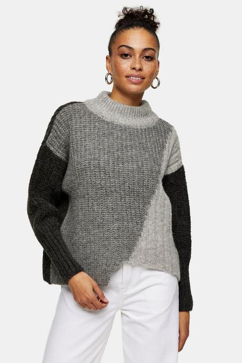 Grey Spliced Color Block Knitted Jumper