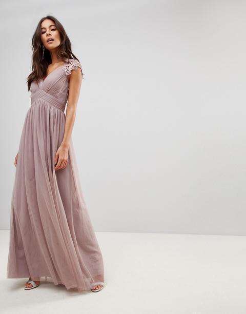 Little Mistress - Tief Ausgeschnittenes Maxikleid Mit Spitze Mit Muschelsaum Am Rücken - Grau
