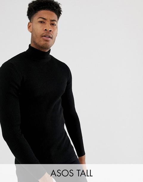 Asos Design Tall Ribbed Roll Neck In Black