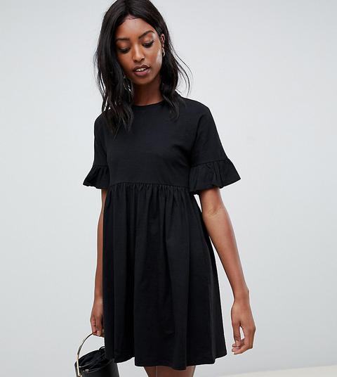 Asos Design Tall - Vestito Grembiule In Cotone Con Ruches Sulle Maniche - Nero