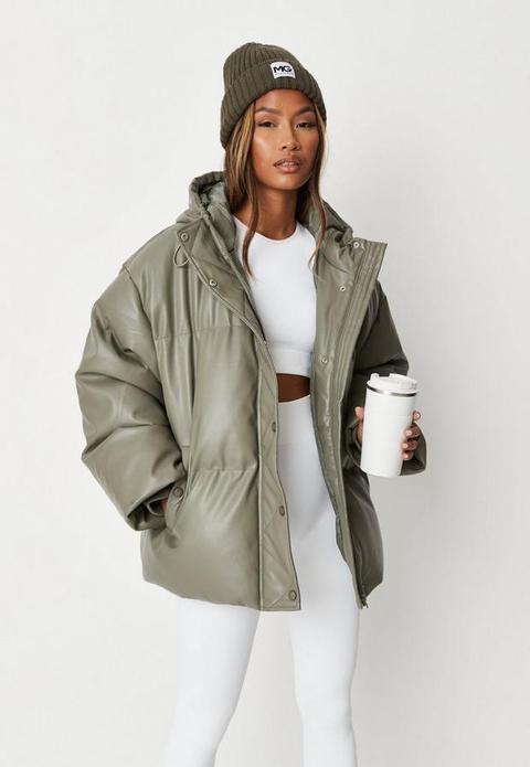 Khaki Faux Leather Hooded Puffer Jacket, Kahki from Missguided on 21 ...