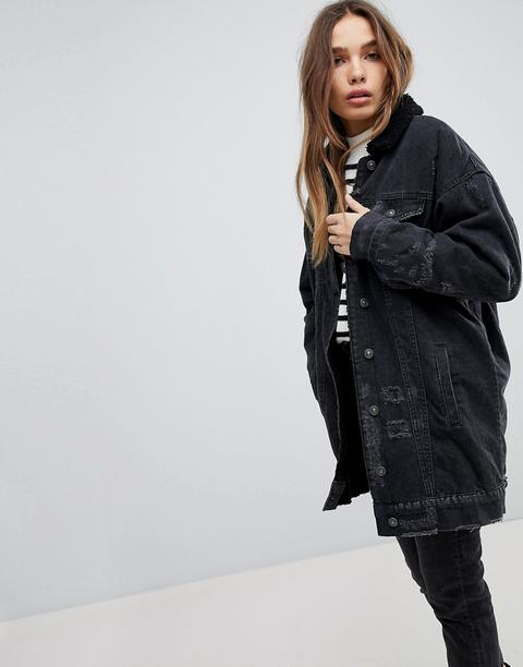 Pull&bear - Giacca Di Jeans Lunga Con Colletto In Pelliccia - Nero