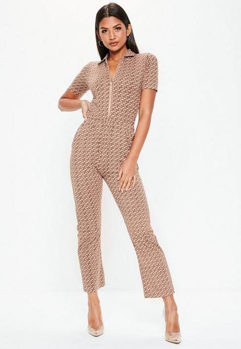 Nude Printed Short Sleeve Zip Jumpsuit, Brown