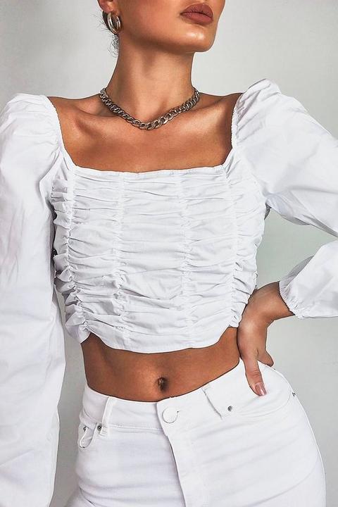 Womens Woven Ruched Long Sleeve Crop Top - White - 12, White