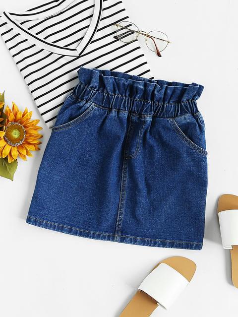 Gathered Waist Faux Fly Denim Skirt