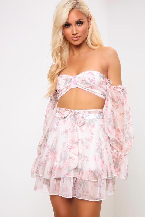 Pink Floral Chiffon Bardot Crop Top