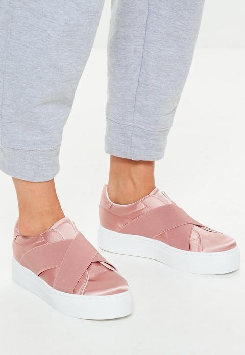 Pink Cross Strap Elastic Flatform Trainers, Pink