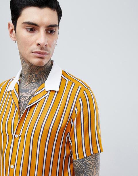 Asos Design - Camicia In Viscosa A Righe Con Colletto A Contrasto - Giallo