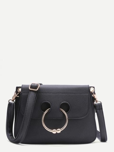 Bolso De Cuero Texturizado Con Anillo Negro