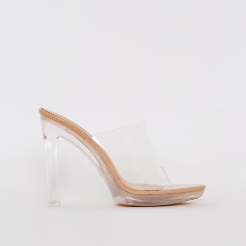 Bebo Nude Patent Clear Slim Block Mules