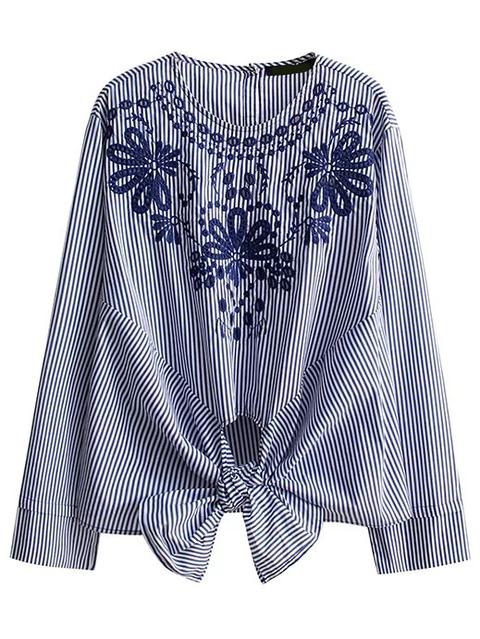 Blusa Con Bordado De Rayas Verticales Con Detalle De Nudo - Azul