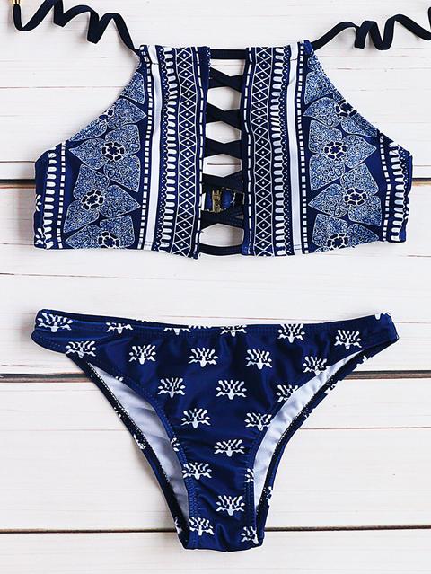 Navy Tribale Stampa Criss Cross Bikini