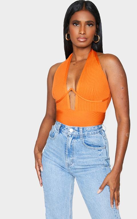 Orange Bandage Rib V-wire Halterneck Bodysuit