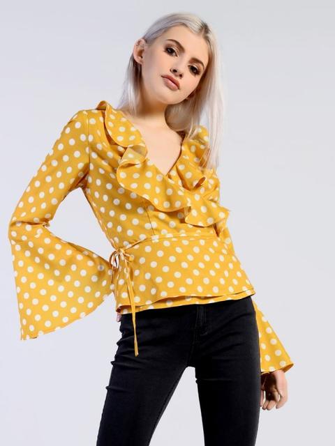 Yellow White Spot Print Ruffle Wrap Blouse