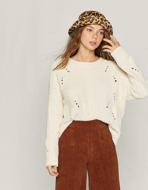 Pullover Di Ciniglia Con Trecce Ecru