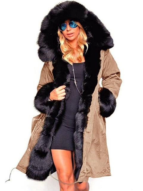 Cappotto Tasche Con Cappuccio In Pelliccia Manica Lunga Moda Parka Kaki