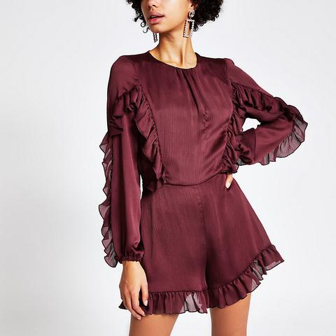 Red Long Sleeve Ruffle Satin Playsuit