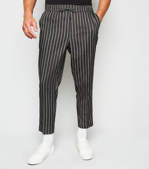 Men's Dark Grey Stripe Slim Crop Trousers New Look