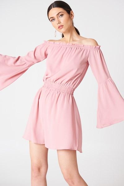 Na-kd Boho Wide Sleeve Off Shoulder Dress - Pink