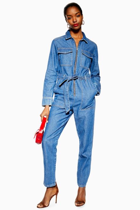 Womens Denim Utility Boiler Suit - Mid Stone, Mid Stone